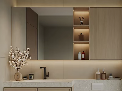 Modern Bathroom Interior Design With Large Mirror Wooden Cabinets Sink And Cotton Branches 3d model