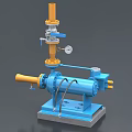 Industrial Equipment Blue Mechanical Pump With Yellow Pipes Base And Gauge