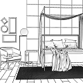 Background Double Bed With Red Frame Grey Mattress Red Geometric Art Beige Chair Striped Rug