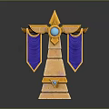 Ornate Stone Pillar With Golden Accents Blue Gem And Purple Banners