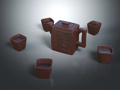 Traditional Brown Purple Clay Tea Set With Carved Teapot And Surrounding Cups 3d model