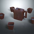 Traditional Brown Purple Clay Tea Set With Carved Teapot And Surrounding Cups