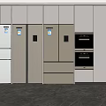 Modern Kitchen Interior With Stainless Steel Refrigerators And Freezers In Built In Cabinets