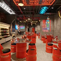 Industrial Style Restaurant Interior With Red Seats Neon Decorations Bar Counter And Gray Concrete Floor