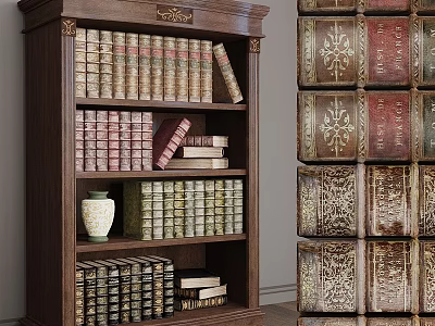 Elegant Sofa Set With Dark Wooden Bookshelf Various Books Vase And Ornate Chest Wall 3d model