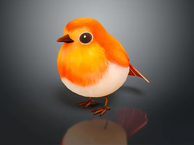 Adorable Orange and White Bird with Big Black Eyes Standing on Dark Surface Showing Reflection 3d model