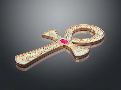 Elegant Golden Ankh Clothing Accessory Featuring Red Gemstone And Intricate Patterns 3d model