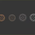 Hardware Tools Featuring Four Metallic Gears in Various Colors on Black Surface with Clear Reflections