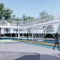 Modern Garden Ornaments in Courtyard with Water Pool Seating Trees and Decorative Structure