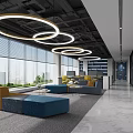 Bright Modern Public Office Area With Cozy Lounge Seats And Unique Circular Ceiling Lighting Design