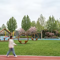 School Square With Green Lawns Colorful Paths Trees And Seating Areas