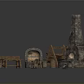 Traditional Architectural Components With Stone Fireplace Arch Wooden Bench And Clay Pots