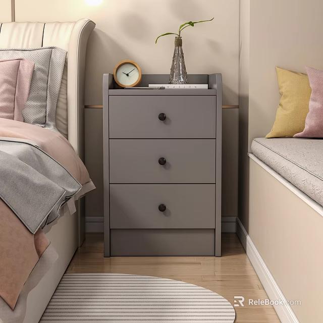 Gray Three Drawer Nightstand With Alarm Clock Vase And Books In Modern Bedroom 3d model 