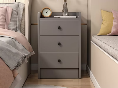 Gray Three Drawer Nightstand With Alarm Clock Vase And Books In Modern Bedroom 3d model