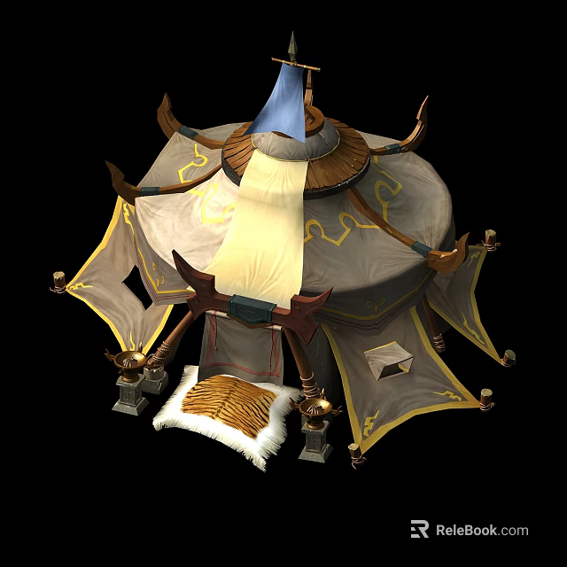 Cartoon Scene of Tent with Blue Flag Golden Decorations Beige Yellow Fabric and Fur Mat 3d model 