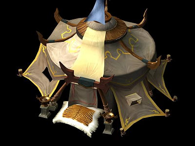 Cartoon Scene of Tent with Blue Flag Golden Decorations Beige Yellow Fabric and Fur Mat 3d model