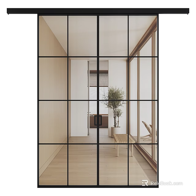 Modern Interior Sliding Glass Doors With Wooden Frame And Indoor Plant Design 3d model 