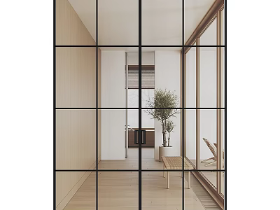 Modern Interior Sliding Glass Doors With Wooden Frame And Indoor Plant Design 3d model