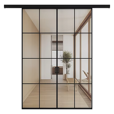 Modern Interior Sliding Glass Doors With Wooden Frame And Indoor Plant Design 3d model