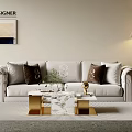 Elegant Cream Fabric Sofa And Marble Coffee Table Set For Stylish Comfortable Modern Living Space