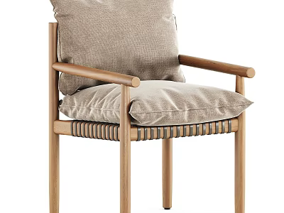 Light Wooden Dining Chair With Beige Fabric Cushion And Woven Seat For Table Set 3d model