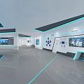 Modern Tech Exhibition Hall With Digital Screens Data Visualization And Display Counters