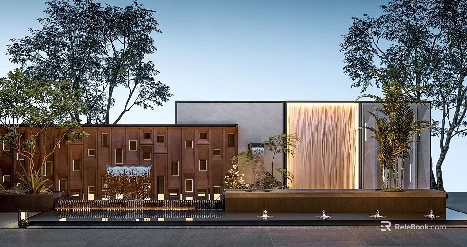 Contemporary Building Facade With Perforated Copper Panels Waterfall And Landscape Trees 3d model 