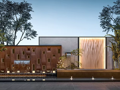 Contemporary Building Facade With Perforated Copper Panels Waterfall And Landscape Trees 3d model