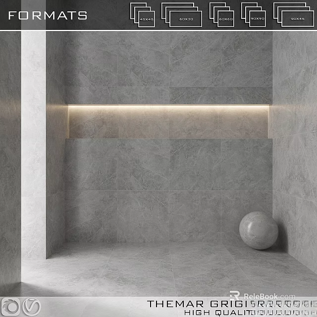 Grey Tile Wall Design With Recessed LED Strip Floor Tiles And Round Sphere Decor 3d model 