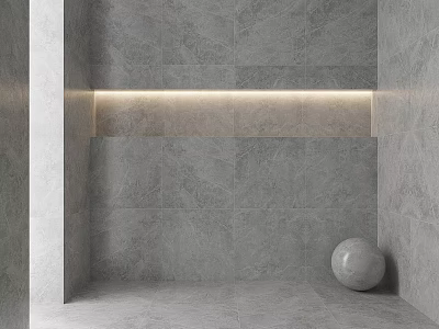 Grey Tile Wall Design With Recessed LED Strip Floor Tiles And Round Sphere Decor 3d model