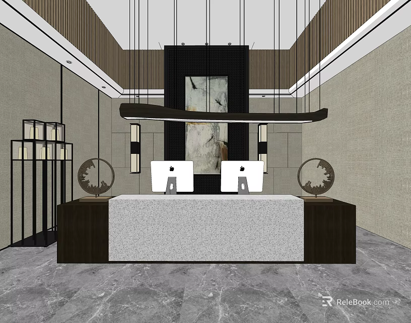 Modern Front Desk Reception Area With Marble Desk Computers And Wall Art Decor 3d model 