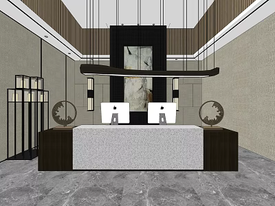 Modern Front Desk Reception Area With Marble Desk Computers And Wall Art Decor 3d model