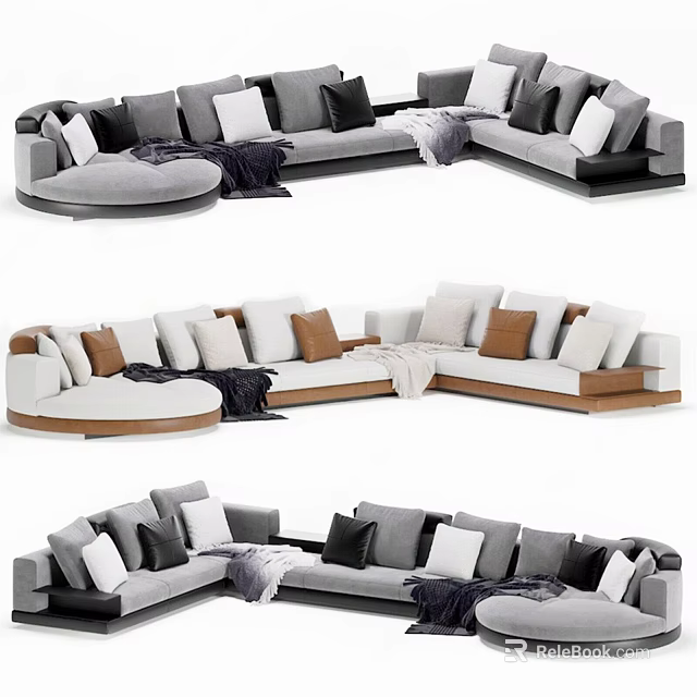 Modern Sectional Sofa With Gray White Brown Cushions And Soft Throw Blanket 3d model