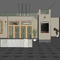 Modern Specialty Store Interior with Shelves Products Checkout Counter Stone Wall and Plants
