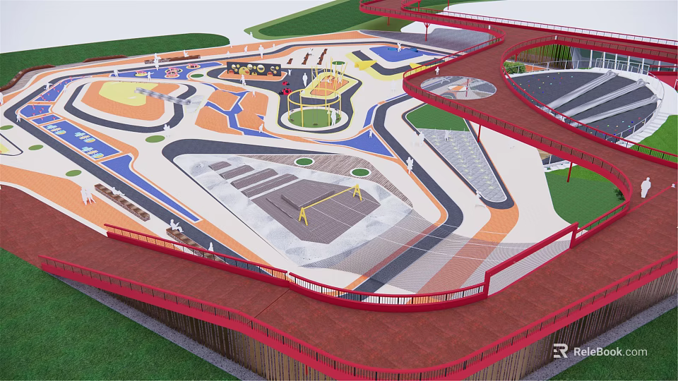 Colorful Children's Playground With Various Play Facilities Open Layout And Safety Fences 3d model 