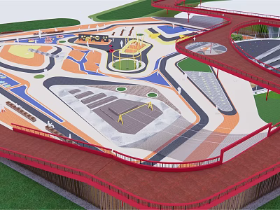 Colorful Children's Playground With Various Play Facilities Open Layout And Safety Fences 3d model