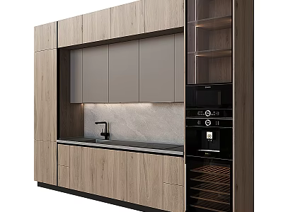 Modern Kitchen Wooden And Gray Cabinets With Built in Appliances Wine Rack And Black Countertop 3d model