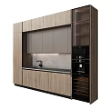 Modern Kitchen Wooden And Gray Cabinets With Built in Appliances Wine Rack And Black Countertop