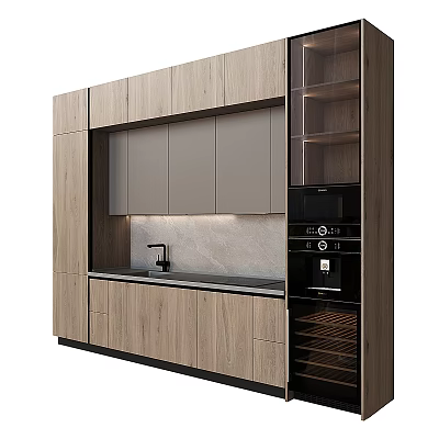 Modern Kitchen Wooden And Gray Cabinets With Built in Appliances Wine Rack And Black Countertop 3d model