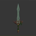 Fantasy Sword With Green White Striped Blade And Carved Brown Hilt