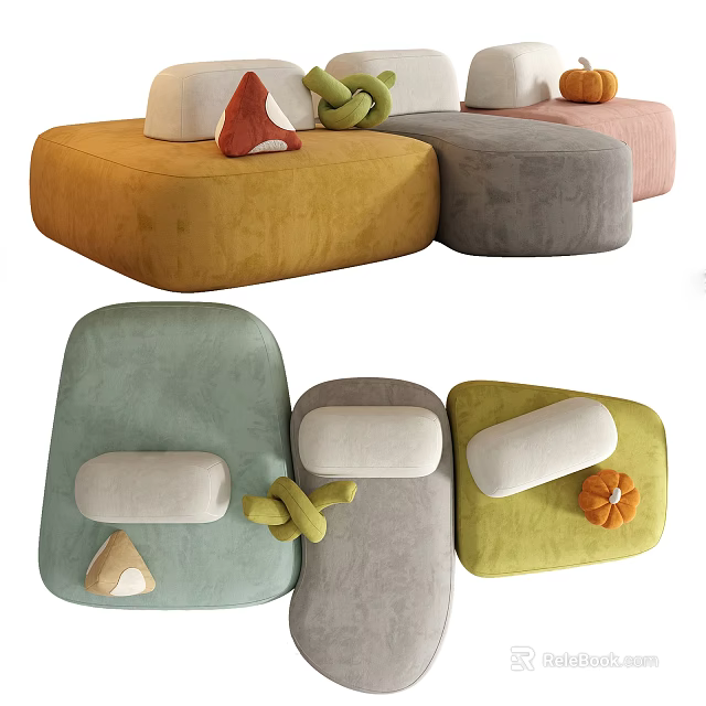Colorful Modular Sectional Sofa With Soft Fabric Knot Ornaments And Pumpkin Accents 3d model 
