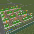 Large Construction Site With Multiple Cranes And Green Residential Buildings in Urban Area