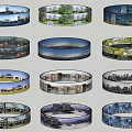 Scenic Views in Circular Panoramic Displays Featuring Urban Landscapes Green Areas and Architectural Scenes