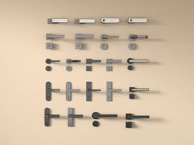 Various Modern Metal Door Handles And Cabinet Pulls On Beige Background 3d model
