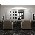 Modern Lounge Area Interior Design With Arched Doorway Gray Decorative Wall Marble Floor And Green Plant
