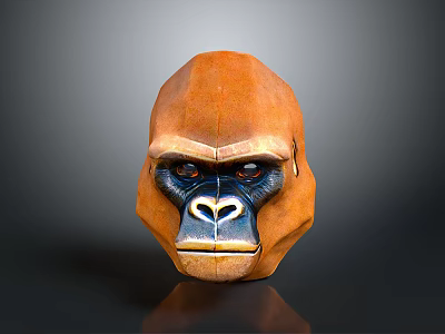 Orange Low Poly Gorilla Head Sculpture With Detailed Facial Features Against Gray Background And Reflection 3d model