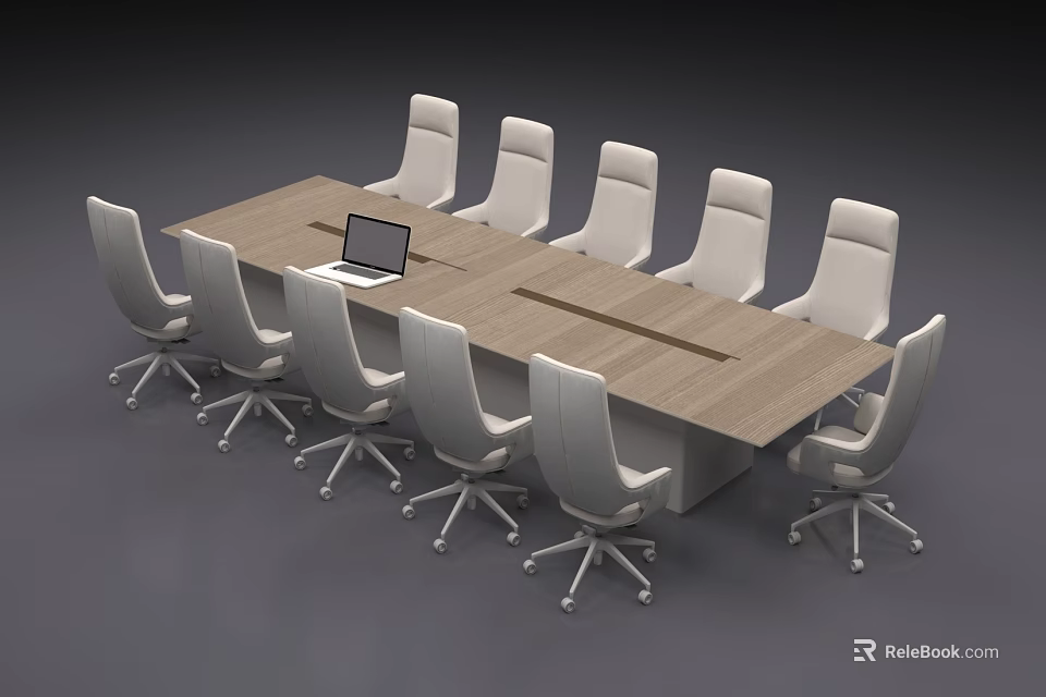 Contemporary Wooden Conference Table with Gray Wheeled Office Chairs and Laptop 3d model 