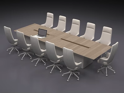 Contemporary Wooden Conference Table with Gray Wheeled Office Chairs and Laptop 3d model