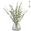 White Gladiolus Flowers Arrangement in Clear Glass Vase with Fresh Green Leaves