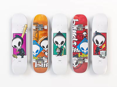 Colorful Skateboard Decks With Cartoon Skull Graphics And Various Design Patterns 3d model